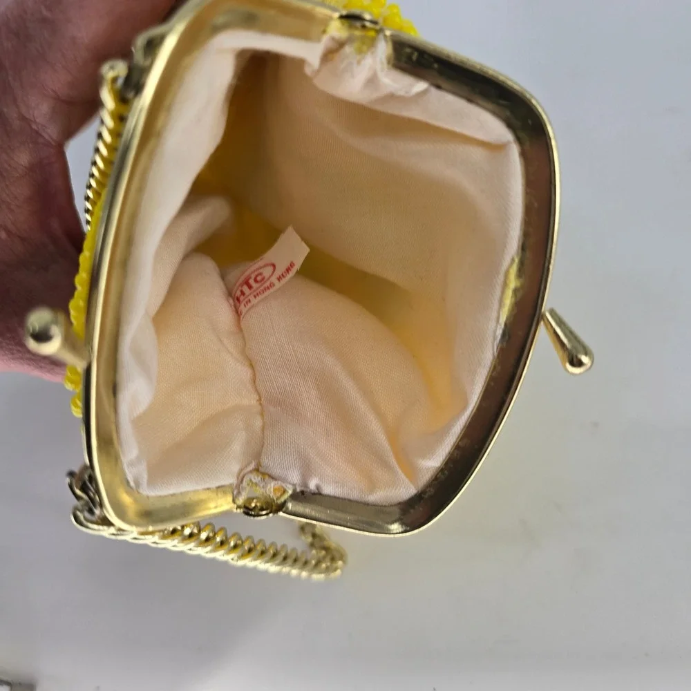 Vintage Thunderbird Indy 500 Beaded Souvenir Purse Yellow Fringe Kiss Lock